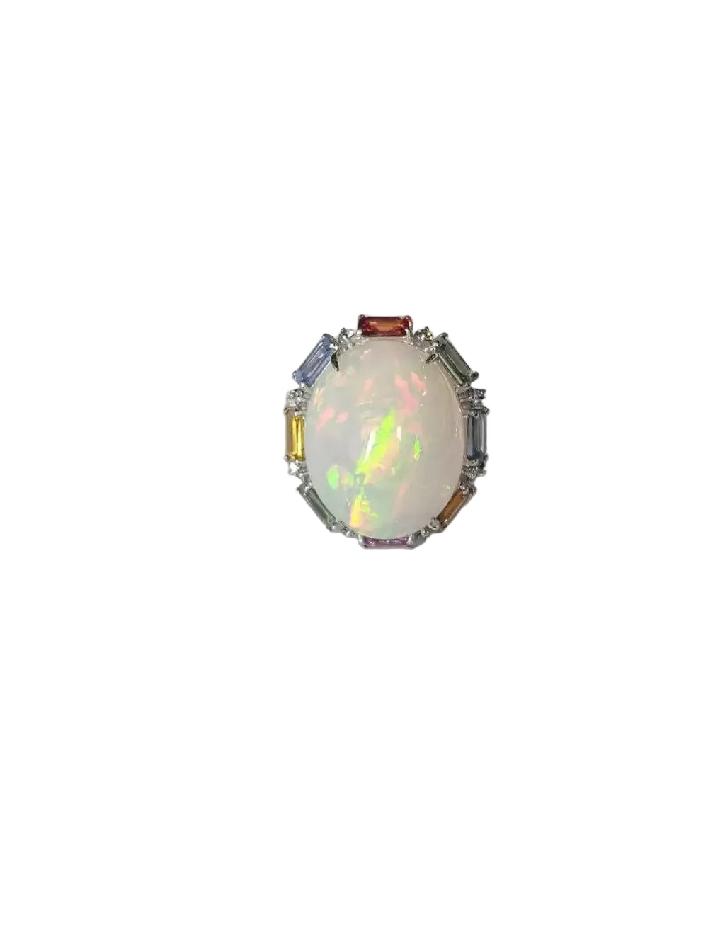 18k White Gold Diamond Dome Ring - Natural Ethiopian Opal & Multi Sapphire Ring