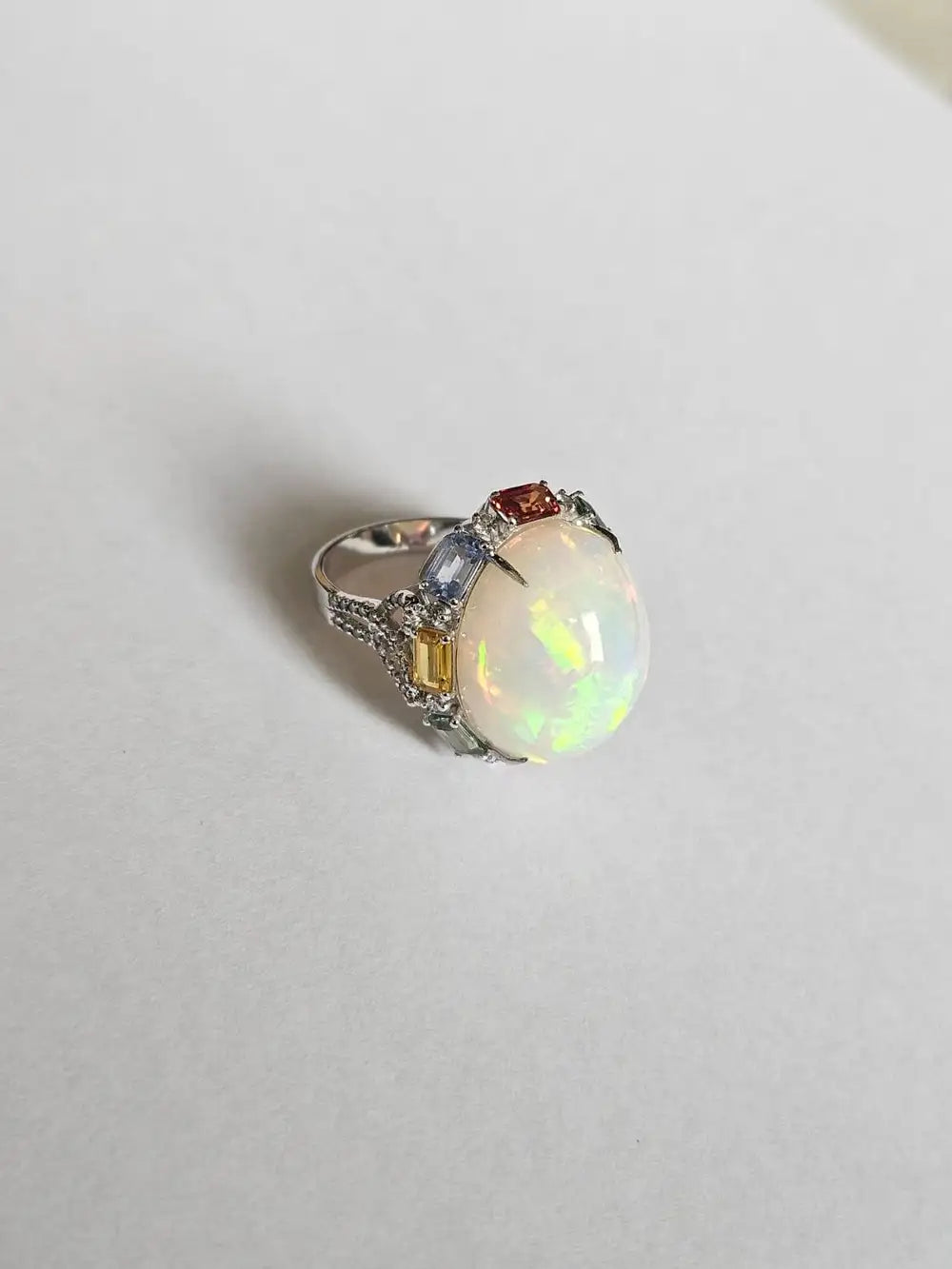 18k White Gold Diamond Dome Ring - Natural Ethiopian Opal & Multi Sapphire Ring
