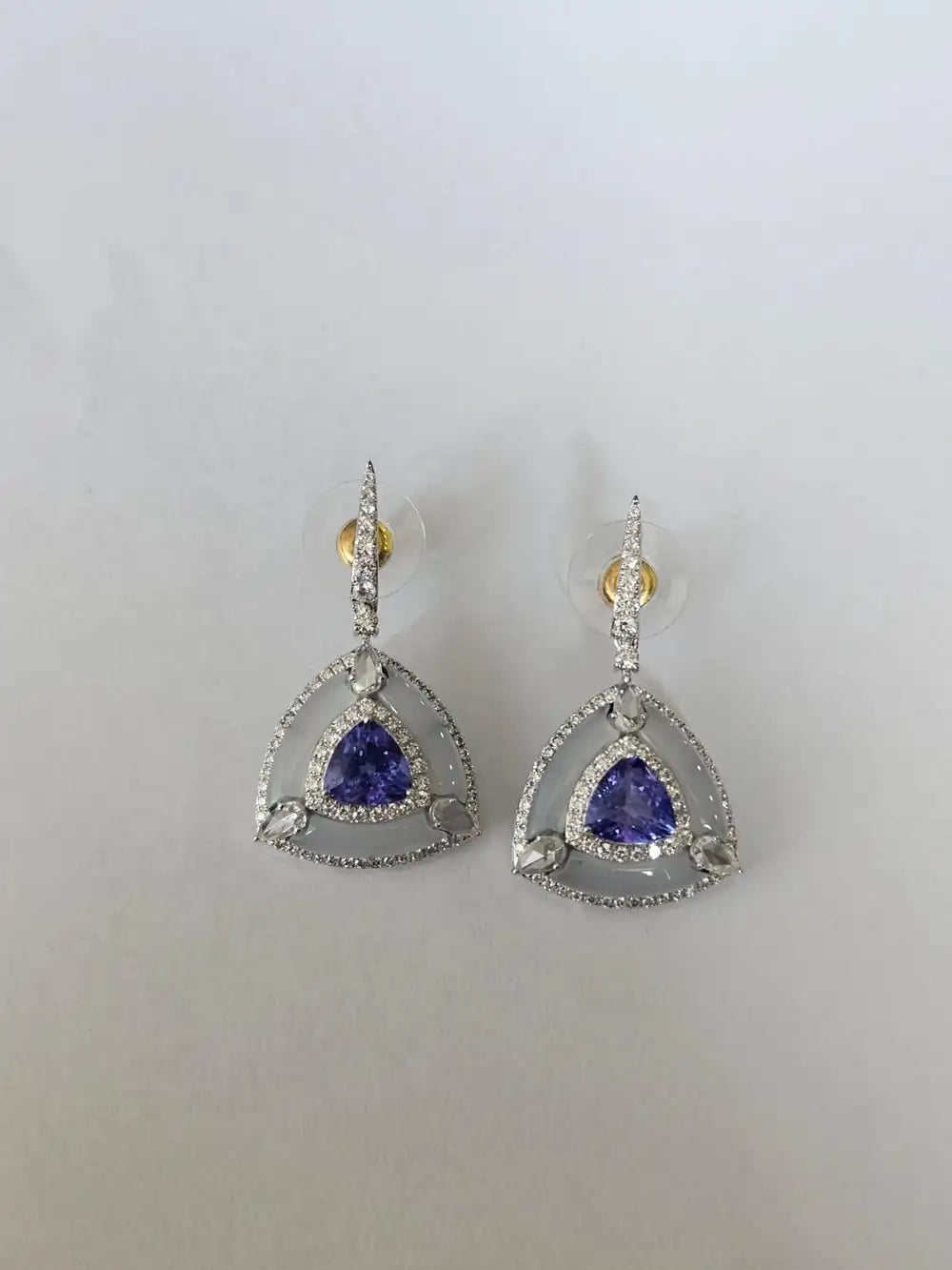 Natural Tanzanite & Chalcedony Gemstone Dangle Earrings - 18k White Gold Diamond Earrings