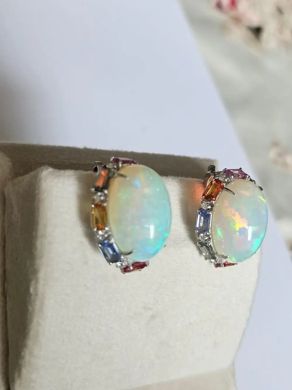 Ethiopian Opal & Multi Sapphire Stud Earrings - 18k White Gold Diamond Stud Earrings