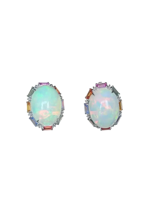 Ethiopian Opal & Multi Sapphire Stud Earrings - 18k White Gold Diamond Stud Earrings Hover Image