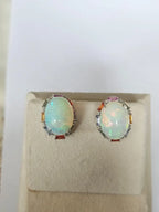 Ethiopian Opal & Multi Sapphire Stud Earrings - 18k White Gold Diamond Stud Earrings
