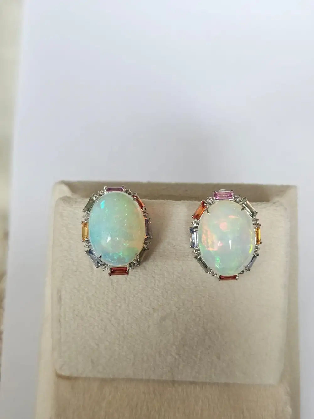 Ethiopian Opal & Multi Sapphire Stud Earrings - 18k White Gold Diamond Stud Earrings