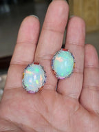 Ethiopian Opal & Multi Sapphire Stud Earrings - 18k White Gold Diamond Stud Earrings
