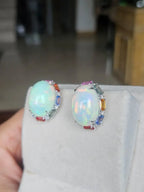 Ethiopian Opal & Multi Sapphire Stud Earrings - 18k White Gold Diamond Stud Earrings