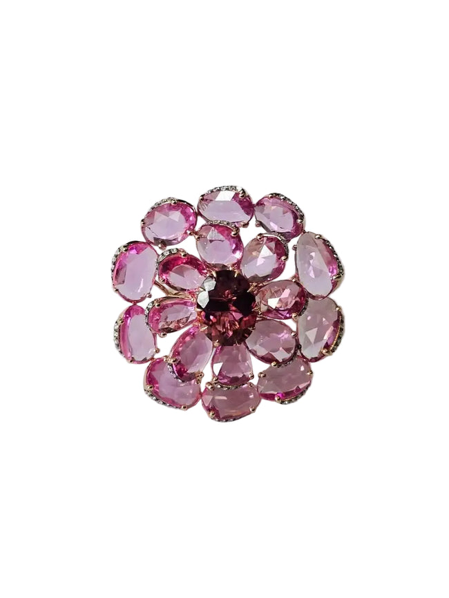 18k Rose Gold Diamond Cocktail Ring - Natural Pink Sapphire & Tourmaline Gemstone Ring Hover Image
