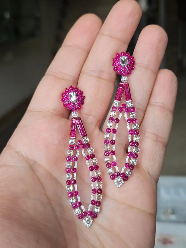 Mozambique Ruby Gemstone Dangle Earrings - 18k White Gold Diamond Chandelier Earrings Main Image