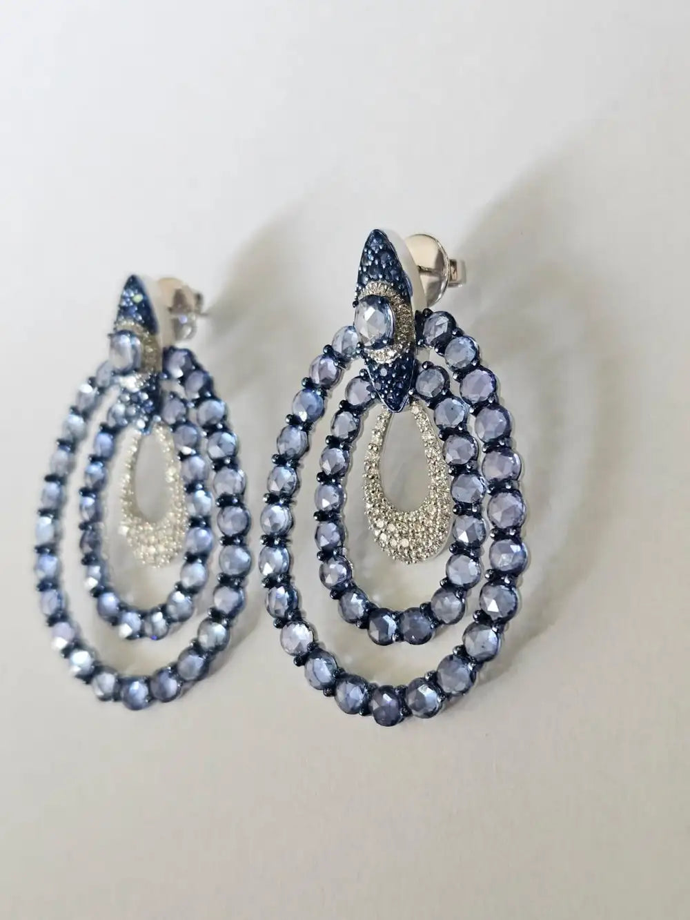 18k White Gold Diamond Dangle Earrings - Natural Blue Sapphire Gemstone Earrings