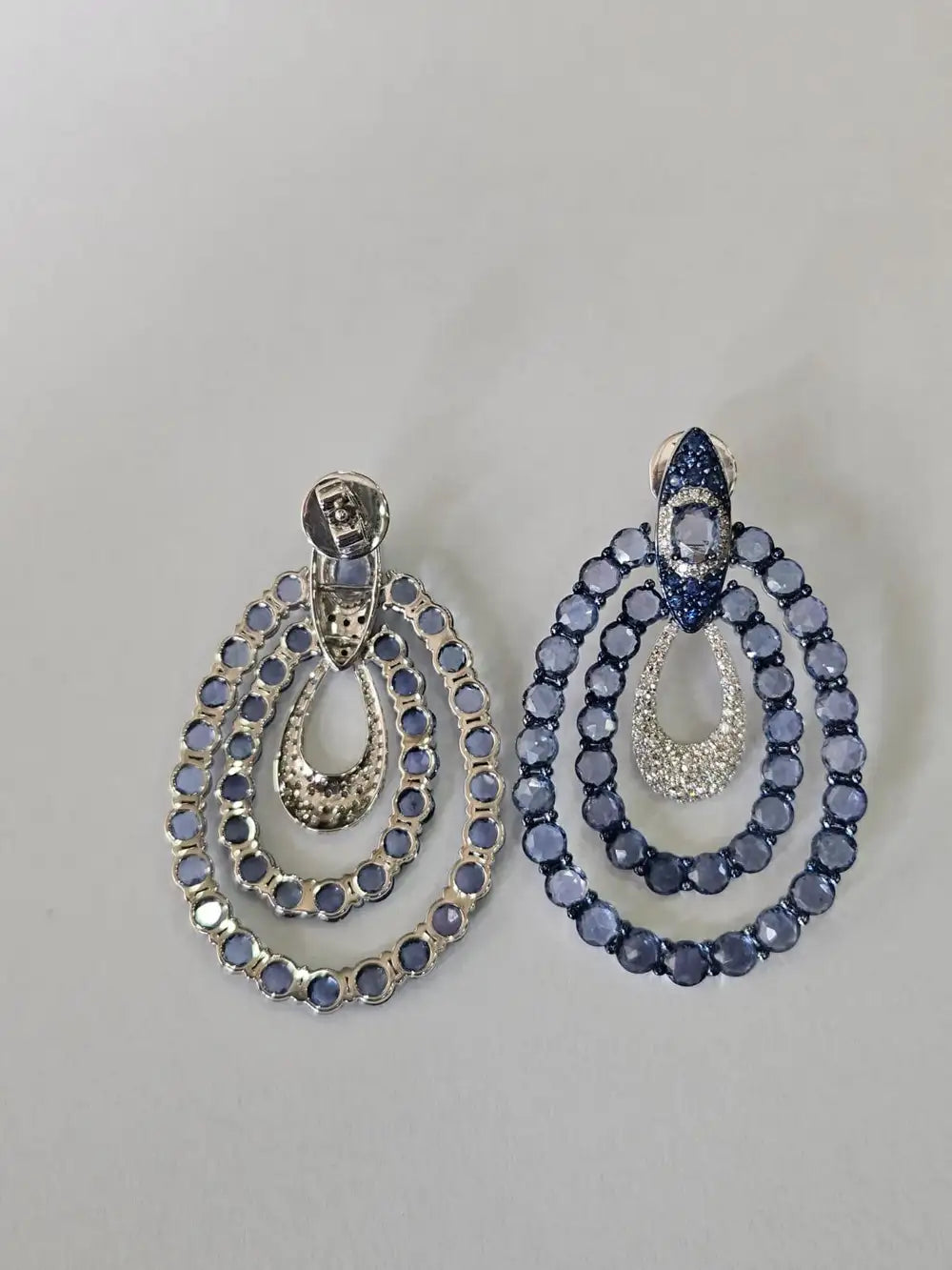 18k White Gold Diamond Dangle Earrings - Natural Blue Sapphire Gemstone Earrings