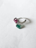 Natural Rubellite & Zambian Emerald Gemstone Ring - 18k White Gold Diamond Toi et Moi Ring