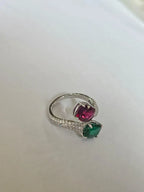 Natural Rubellite & Zambian Emerald Gemstone Ring - 18k White Gold Diamond Toi et Moi Ring
