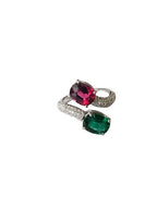 Natural Rubellite & Zambian Emerald Gemstone Ring - 18k White Gold Diamond Toi et Moi Ring