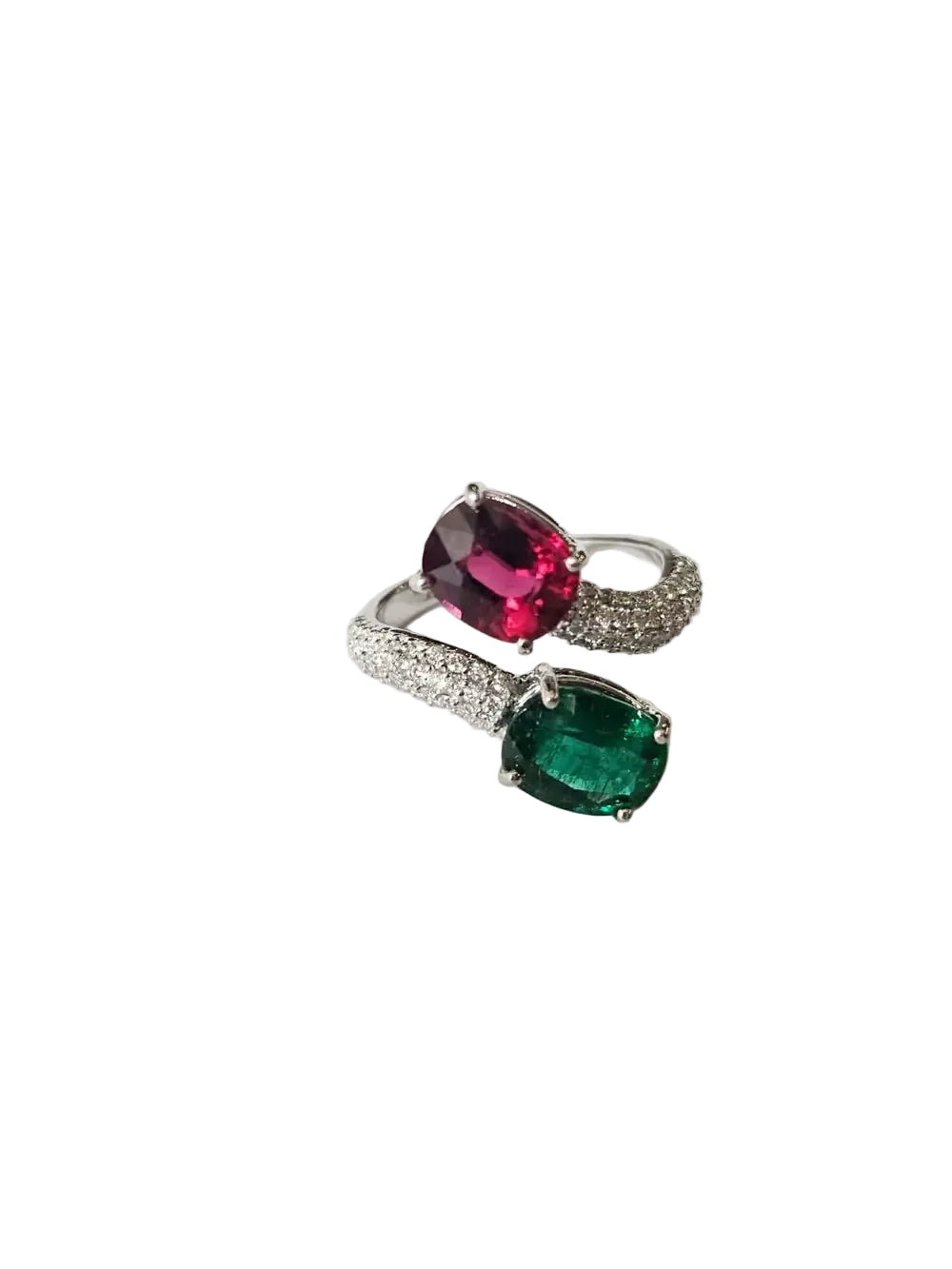 Natural Rubellite & Zambian Emerald Gemstone Ring - 18k White Gold Diamond Toi et Moi Ring