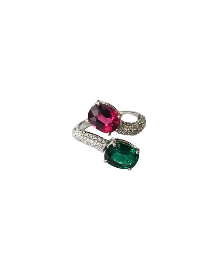 Natural Rubellite & Zambian Emerald Gemstone Ring - 18k White Gold Diamond Toi et Moi Ring Hover Image