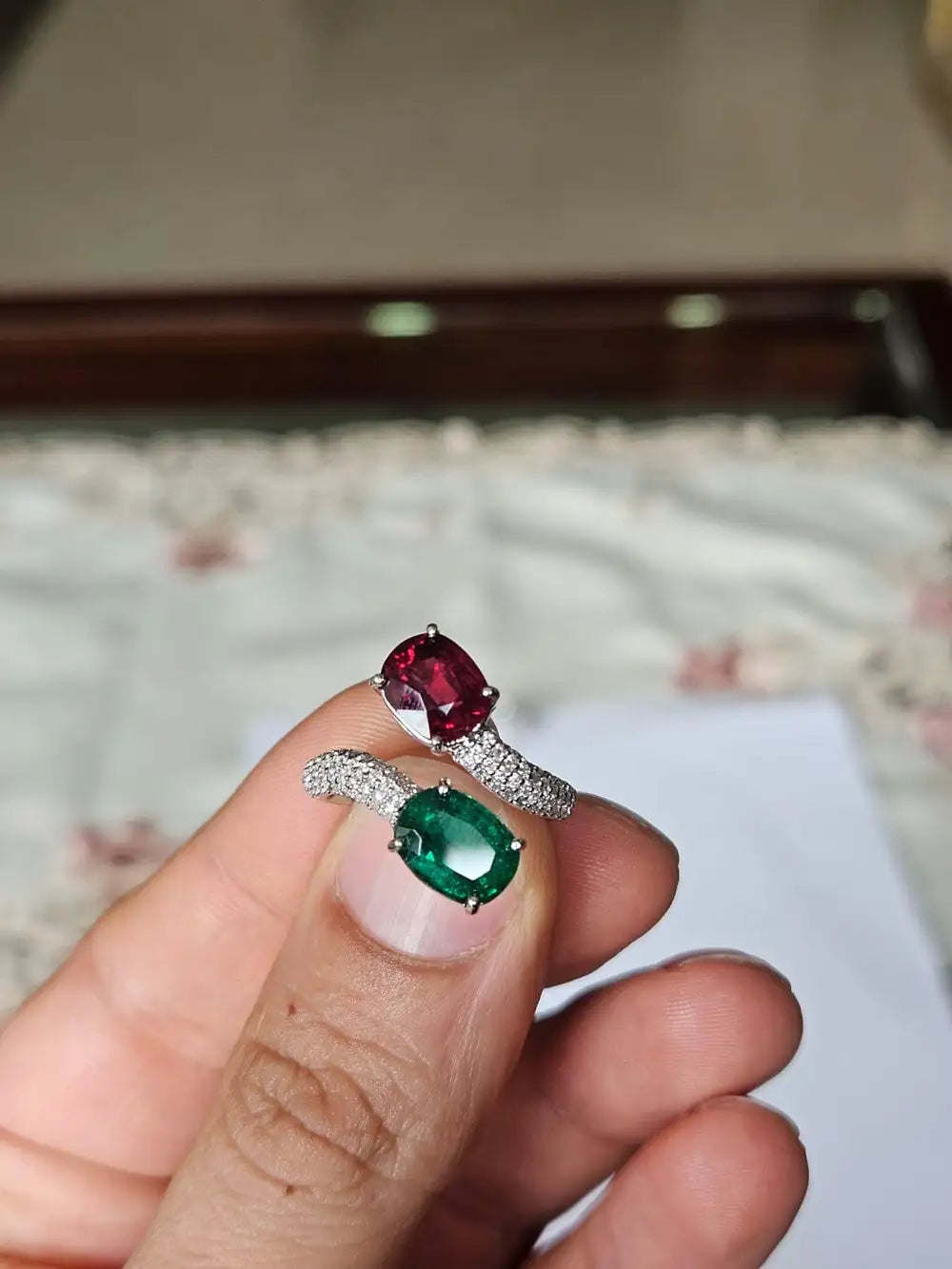 Natural Rubellite & Zambian Emerald Gemstone Ring - 18k White Gold Diamond Toi et Moi Ring