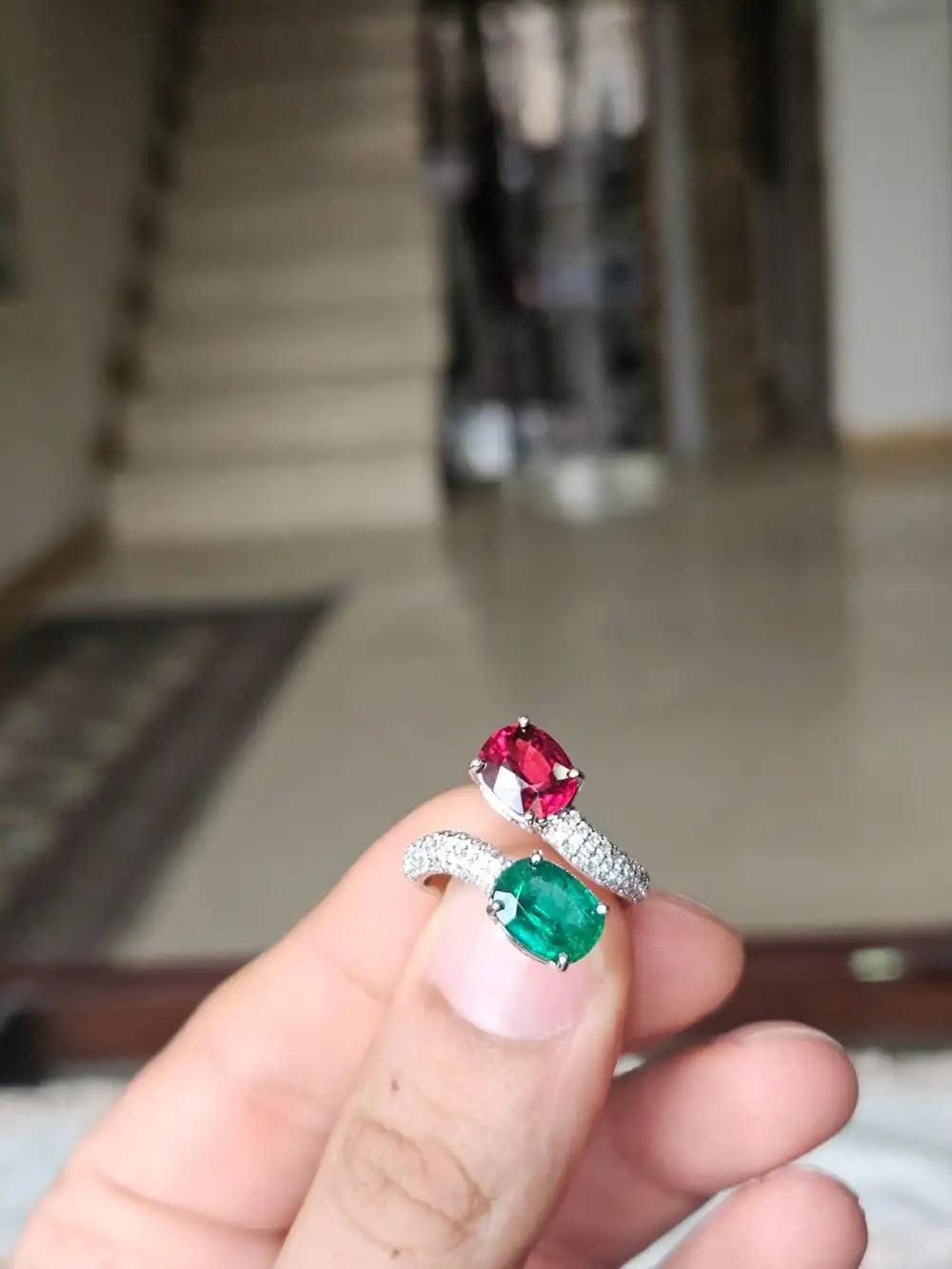 Natural Rubellite & Zambian Emerald Gemstone Ring - 18k White Gold Diamond Toi et Moi Ring