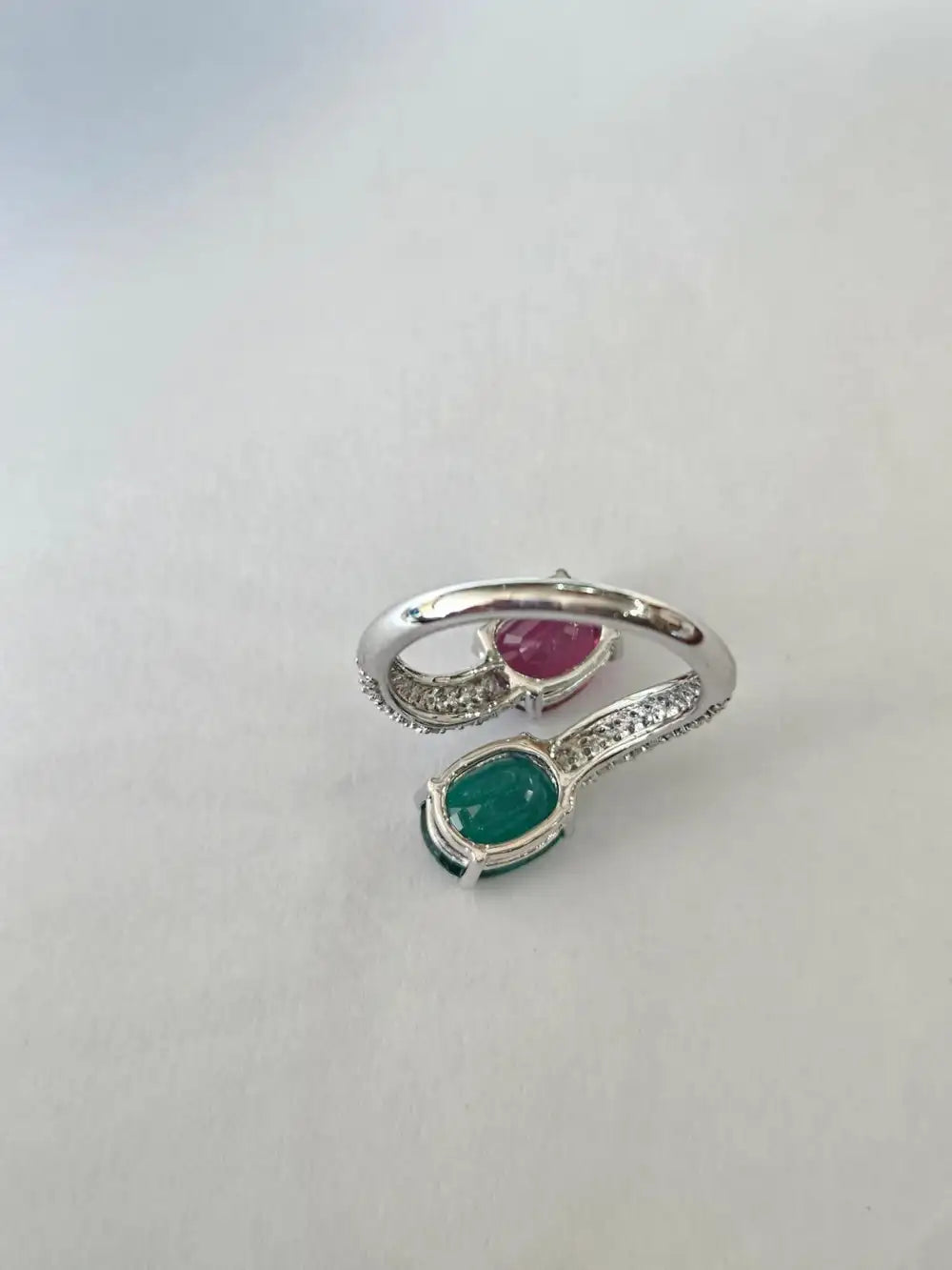 Natural Rubellite & Zambian Emerald Gemstone Ring - 18k White Gold Diamond Toi et Moi Ring