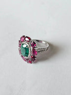 18k White Gold Diamond Handmade Ring - Natural Emerald & Ruby Gemstone Cocktail Ring
