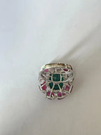 18k White Gold Diamond Handmade Ring - Natural Emerald & Ruby Gemstone Cocktail Ring