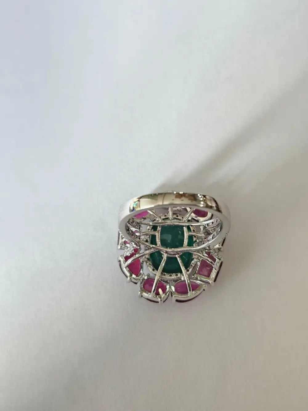 18k White Gold Diamond Handmade Ring - Natural Emerald & Ruby Gemstone Cocktail Ring