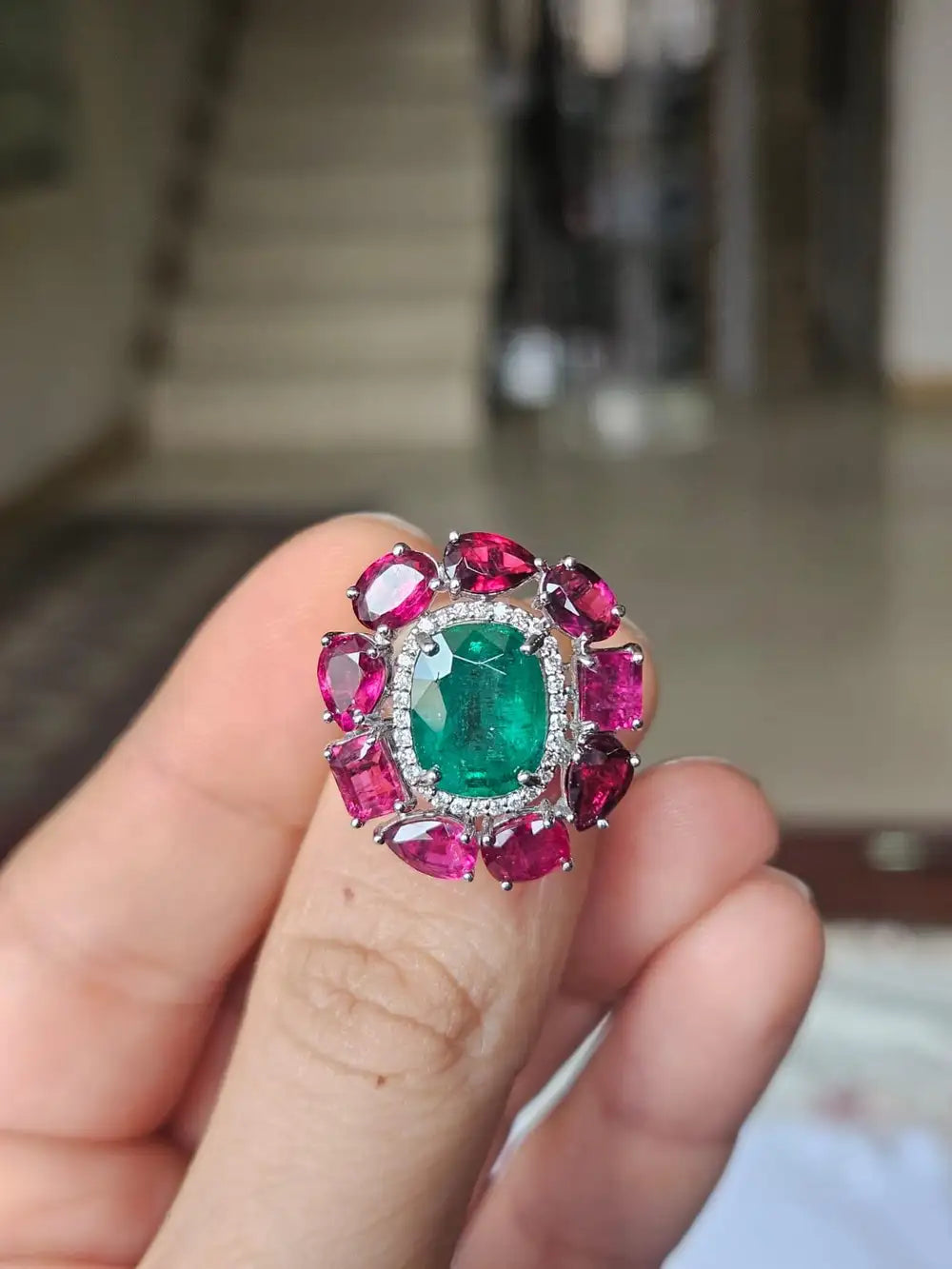 18k White Gold Diamond Handmade Ring - Natural Emerald & Ruby Gemstone Cocktail Ring