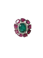 18k White Gold Diamond Handmade Ring - Natural Emerald & Ruby Gemstone Cocktail Ring