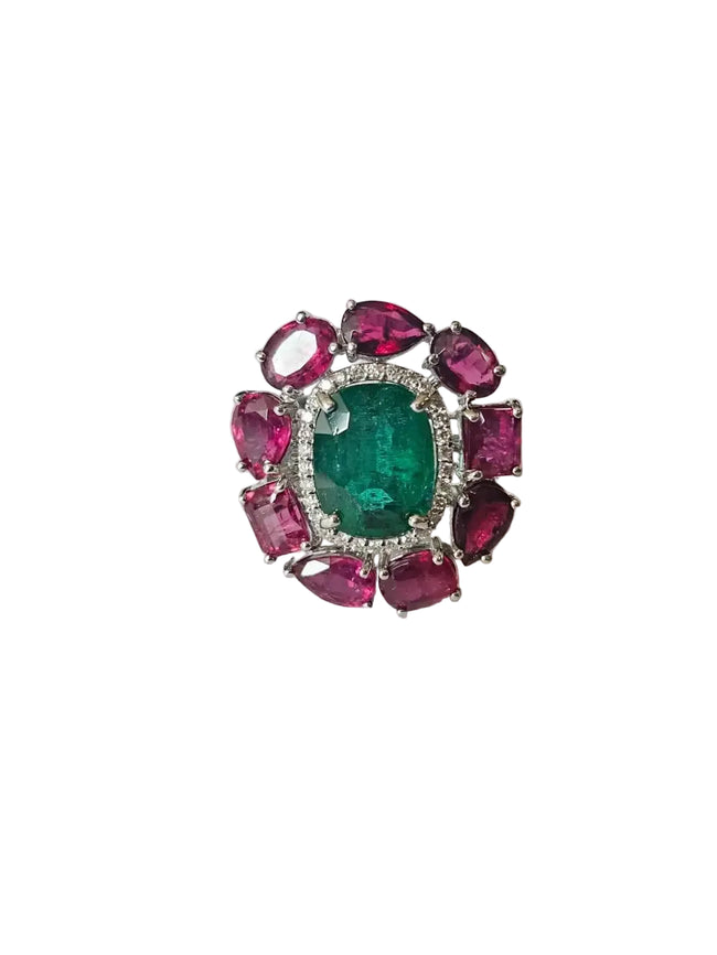 18k White Gold Diamond Handmade Ring - Natural Emerald & Ruby Gemstone Cocktail Ring Hover Image