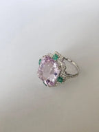 15.83 Ct. Kunzite & Emerald Gemstone Cocktail Ring - 18k White Gold Diamond Ring