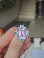 15.83 Ct. Kunzite & Emerald Gemstone Cocktail Ring - 18k White Gold Diamond Ring
