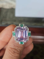 15.83 Ct. Kunzite & Emerald Gemstone Cocktail Ring - 18k White Gold Diamond Ring