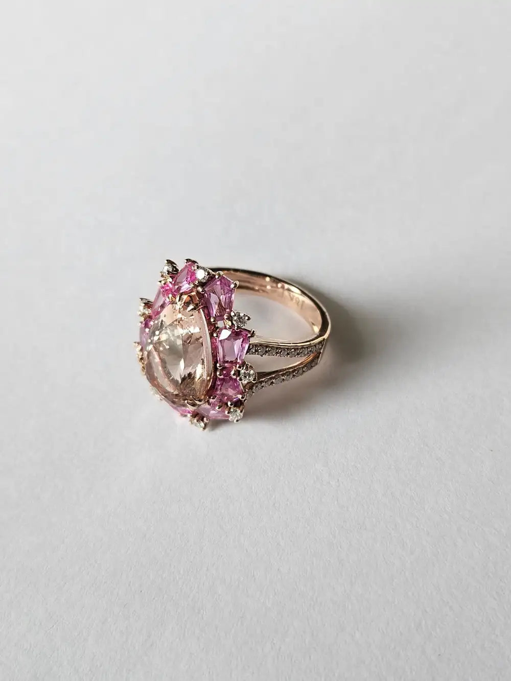 Natural Morganite & Pink Sapphire Cocktail Ring - 18k Rose Gold Diamond Ring