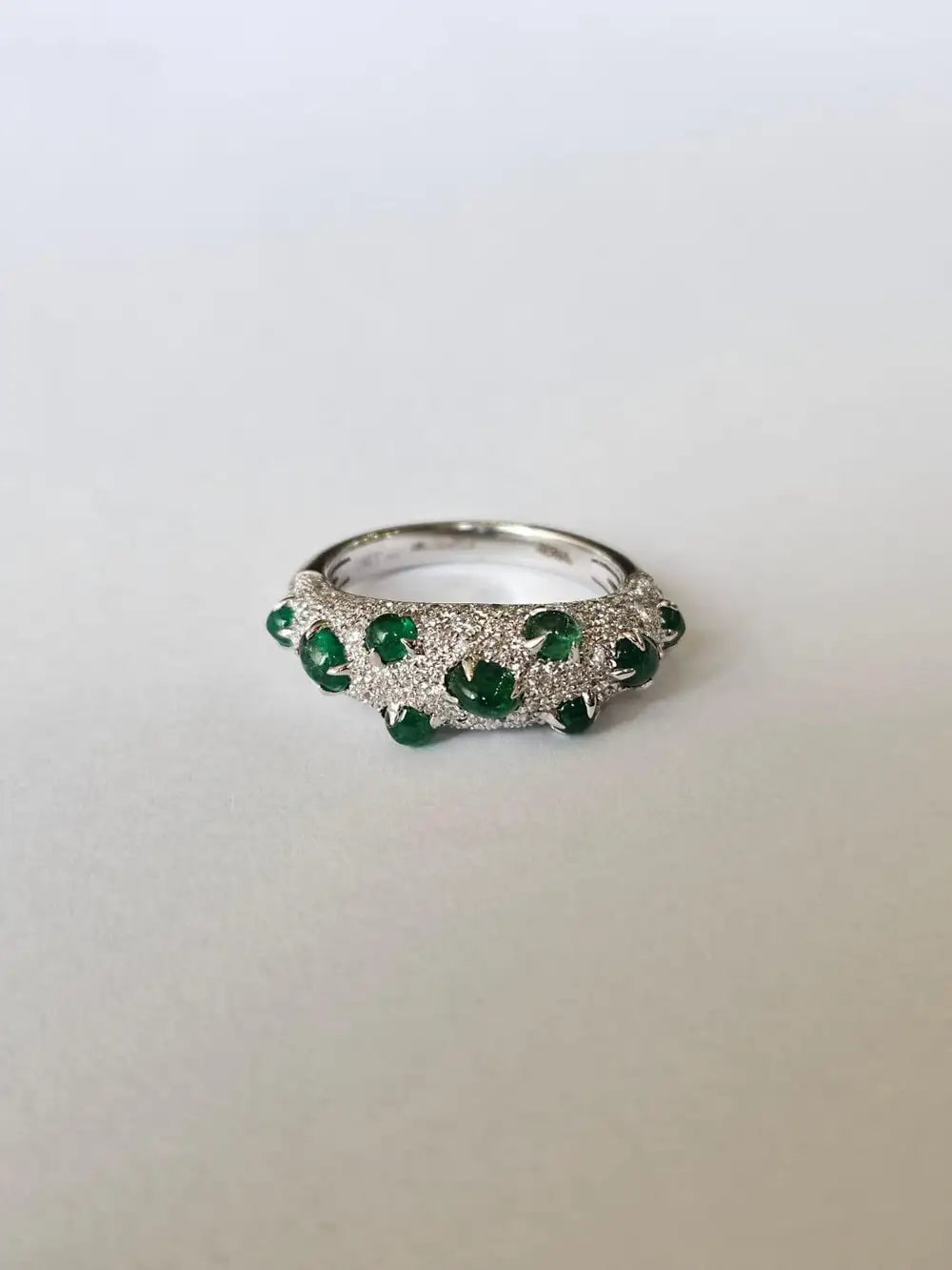Zambian Emerald Sugarloaf  Ring - 18k White Gold Diamond Handmade Band Ring