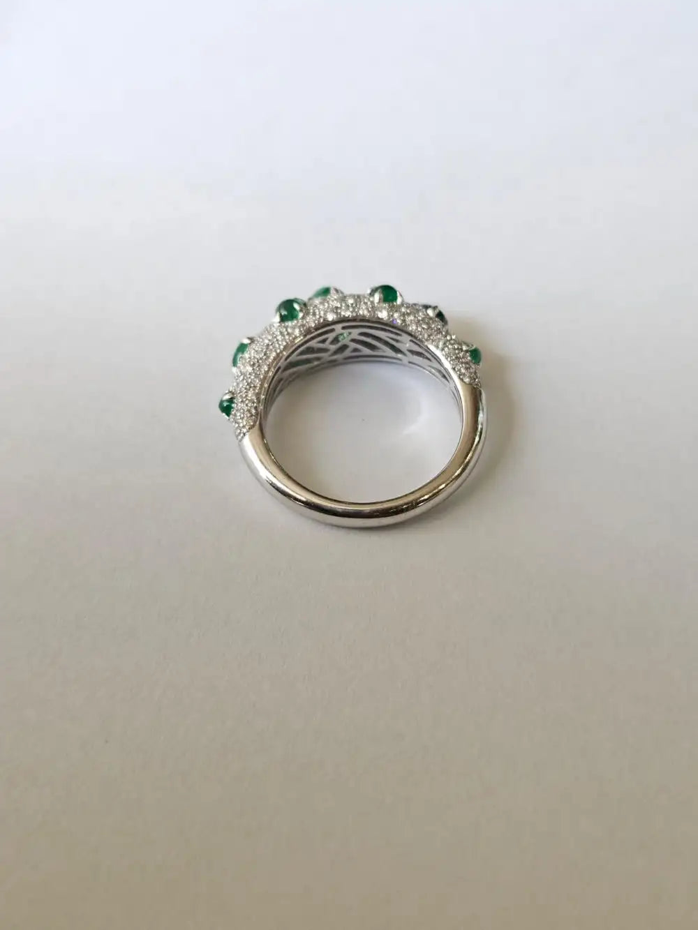 Zambian Emerald Sugarloaf  Ring - 18k White Gold Diamond Handmade Band Ring