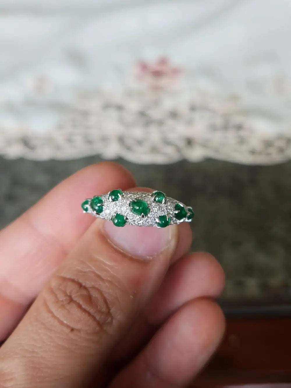 Zambian Emerald Sugarloaf  Ring - 18k White Gold Diamond Handmade Band Ring