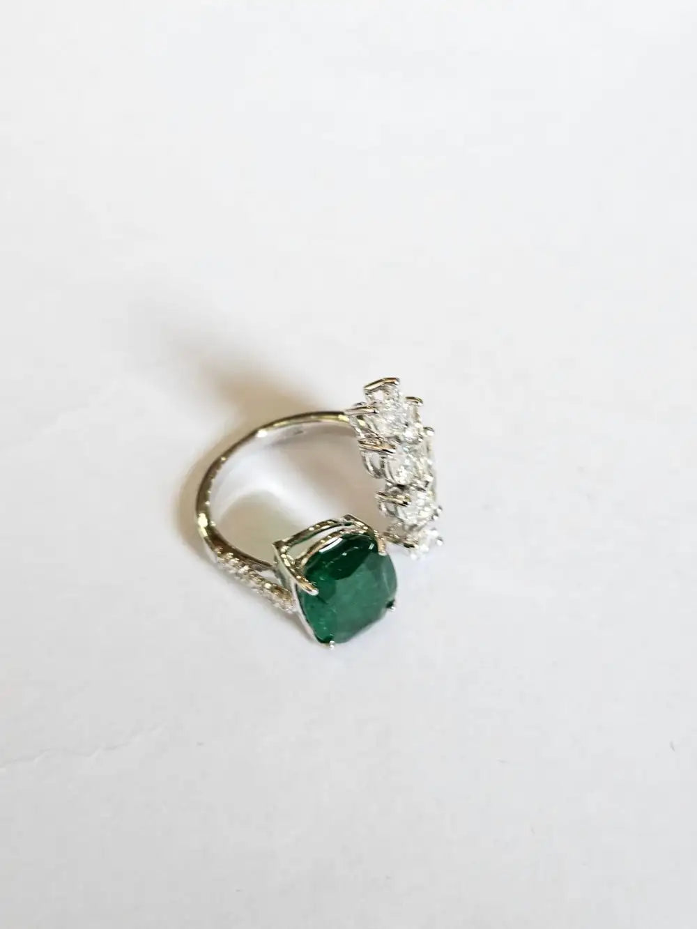 18k White Gold Handmade Bridal Ring - Natural Zambian Emerald & Diamond Ring