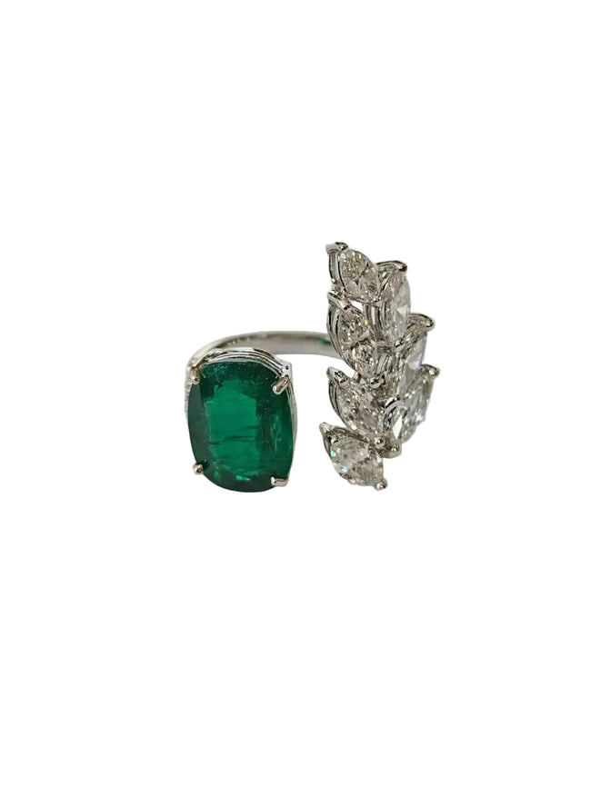 18k White Gold Handmade Bridal Ring - Natural Zambian Emerald & Diamond Ring Hover Image