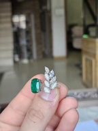 18k White Gold Handmade Bridal Ring - Natural Zambian Emerald & Diamond Ring