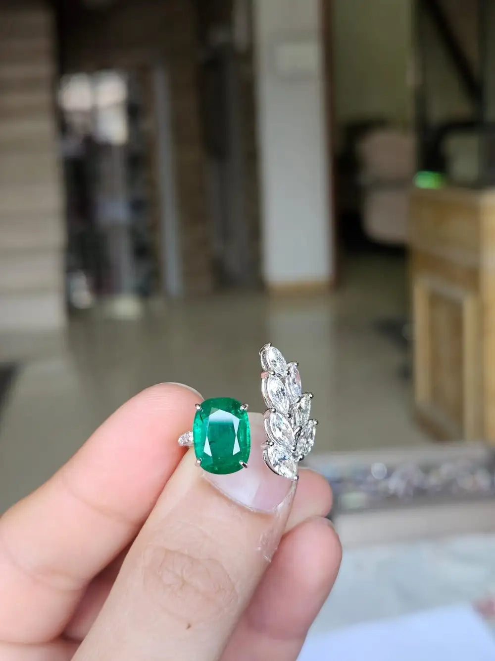 18k White Gold Handmade Bridal Ring - Natural Zambian Emerald & Diamond Ring