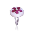 18k White Gold Diamond Ring - Natural Mozambique Ruby & Mother of Pearl Cocktail Ring