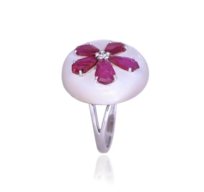 18k White Gold Diamond Ring - Natural Mozambique Ruby & Mother of Pearl Cocktail Ring Main Image