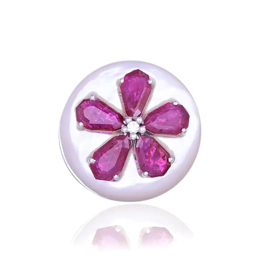 18k White Gold Diamond Ring - Natural Mozambique Ruby & Mother of Pearl Cocktail Ring