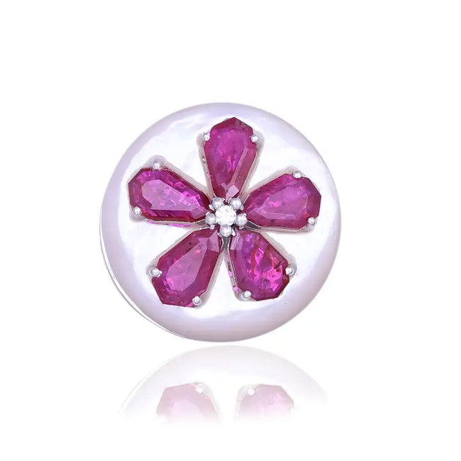 18k White Gold Diamond Ring - Natural Mozambique Ruby & Mother of Pearl Cocktail Ring Hover Image