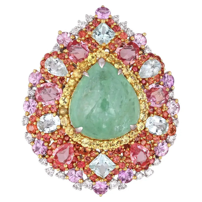 18k White Gold Diamond Handmade Cocktail Ring - Natural Paraiba Tourmaline & Multi Sapphire Gemstone Ring Hover Image