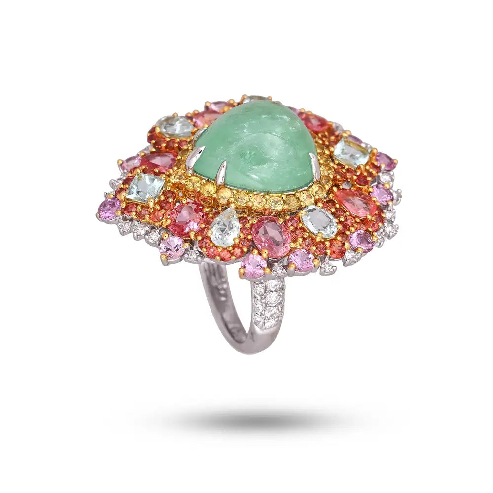 18k White Gold Diamond Handmade Cocktail Ring - Natural Paraiba Tourmaline & Multi Sapphire Gemstone Ring