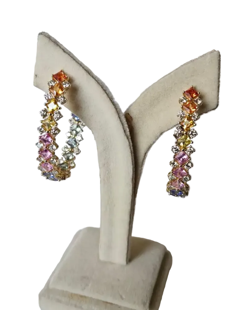 Natural Multi Sapphire & Diamond Hoop Earrings - 18k Yellow Gold Hoop Earrings