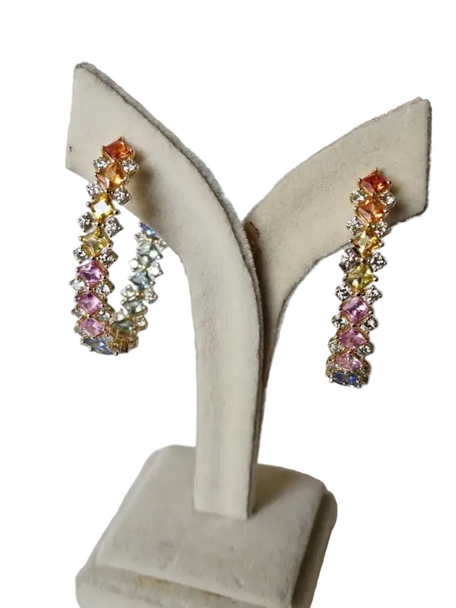 Natural Multi Sapphire & Diamond Hoop Earrings - 18k Yellow Gold Hoop Earrings Hover Image