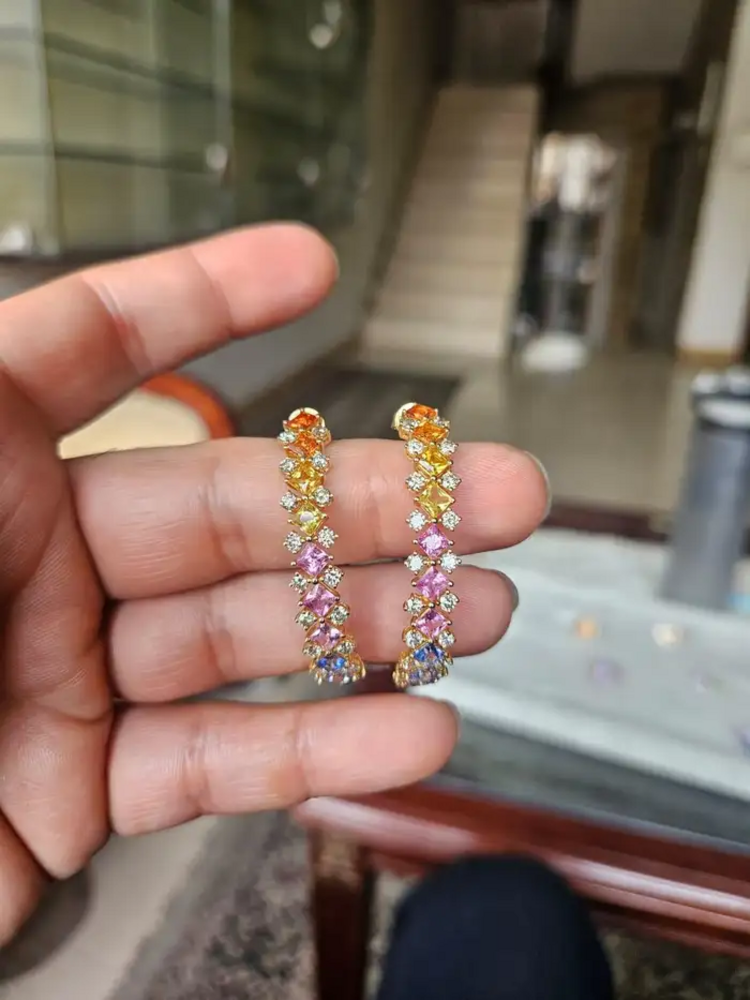 Natural Multi Sapphire & Diamond Hoop Earrings - 18k Yellow Gold Hoop Earrings