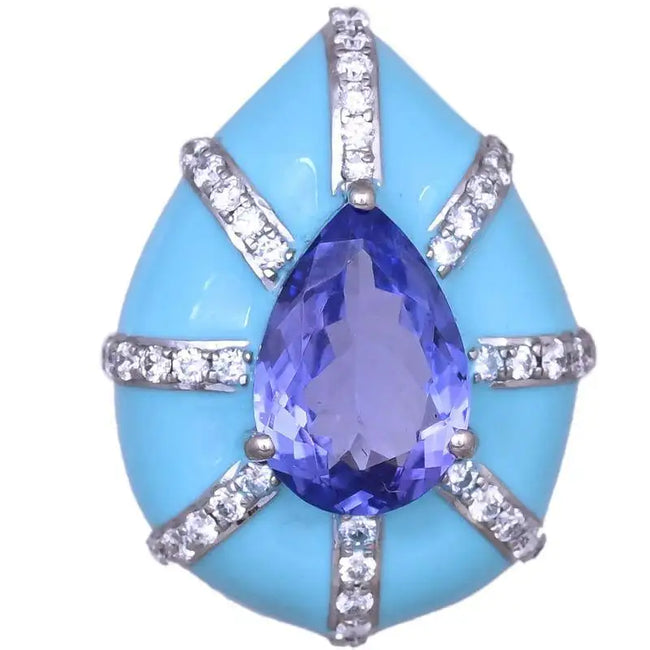 Natural Tanzanite & Turquoise Enamel Wedding Ring - 18k White Gold Diamond Engagement Ring Hover Image
