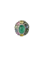 18k White Gold Handmade Diamond Ring - Natural Multi Sapphire, Colombian Emerald Dome Ring