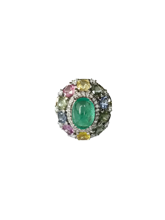 18k White Gold Handmade Diamond Ring - Natural Multi Sapphire, Colombian Emerald Dome Ring Hover Image
